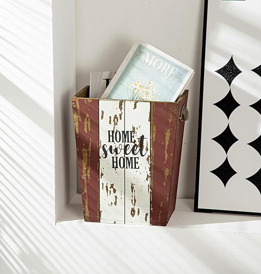 Small Wood Trash Can Wastebasket, Farmhouse Rectangular Garbage Can Waste Basket, Rustic Distressed Wooden Trash Recycling Bin with Metal Handles, Home Sweet Home Wood Storage Basket (Distressed)-DeskLoop Office