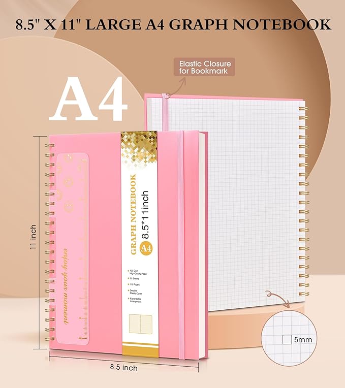 Graph Paper Notebook, Spiral Notebook Journal 8.5” x 11”, A4 Large Grid Notebooks for Women Men, 100 GSM Graph Paper, Plastic Hardcover Spiral Graphing Journals for Work School Engineering, Pink-DeskLoop Office
