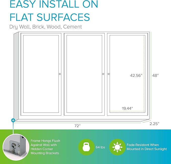 Ghent 48" x 72" 3-Door indoor Enclosed Recycled Rubber Bulletin Board, Shatter Resistant, with Lock, Satin Aluminum Frame,Confetti (PA346TR-CF),Made in the USA-DeskLoop Office