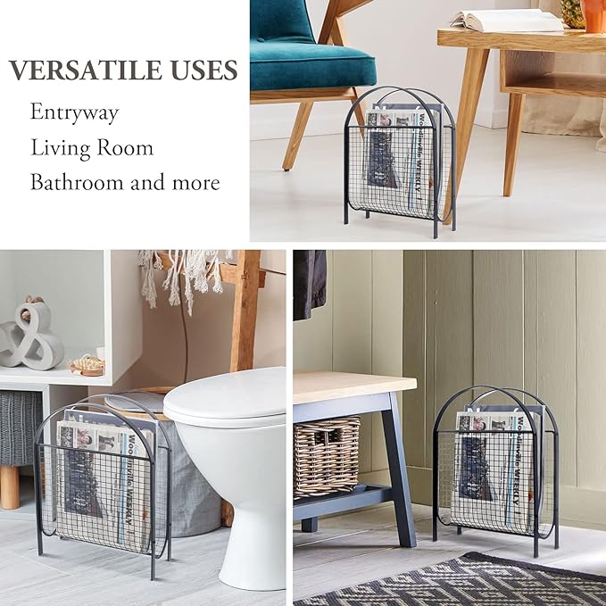 MyGift Mid-Century Design Magazine Rack, Matte Black Tone Metal Mesh Freestanding Magazine Organizer Holder Sling-DeskLoop Office