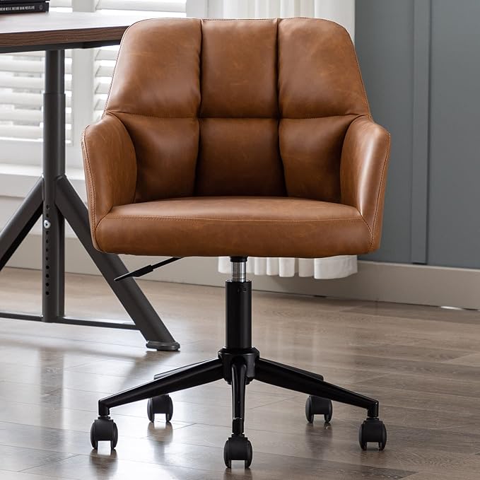 VESCASA Adjustable Home Office Desk Chair with Comfy Square Tufted Mid-Back, Faux Leather 360 Swivel Upholstered Task Armchair with Wheels for Teens Bedroom/Living Room, Brown-DeskLoop Office
