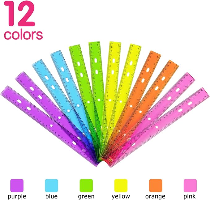 ZZTX 12 Pack Color Transparent Ruler Plastic Rulers 12 Inch, Metric Bulk Rulers with Inches and Centimeters, Kids Ruler for School, Home, Office-DeskLoop Office