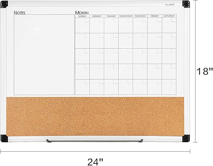 VUSIGN Monthly Calendar Whiteboard Dry Erase Cork Board Combo, 18" x 24" Planning Board, Silver Aluminium Frame-DeskLoop Office