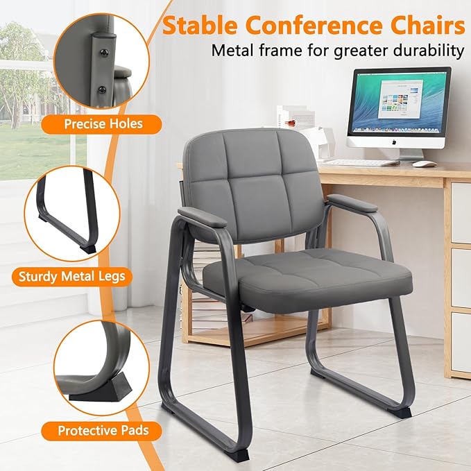 CLATINA Waiting Room Guest Chair with Bonded Leather Padded Arm Rest for Office Reception and Conference Desk Black with Sled Base Grey 8 Pack-DeskLoop Office