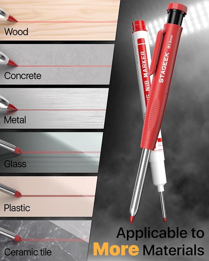 2PCS Carpenter Pencils with Sharpener, Heavy Duty Woodworking Tools, Mechanical Pencil Set with 26 Refills, Deep Hole Long Nib Marker Pens for Architect Marking with Case (Black, Red)