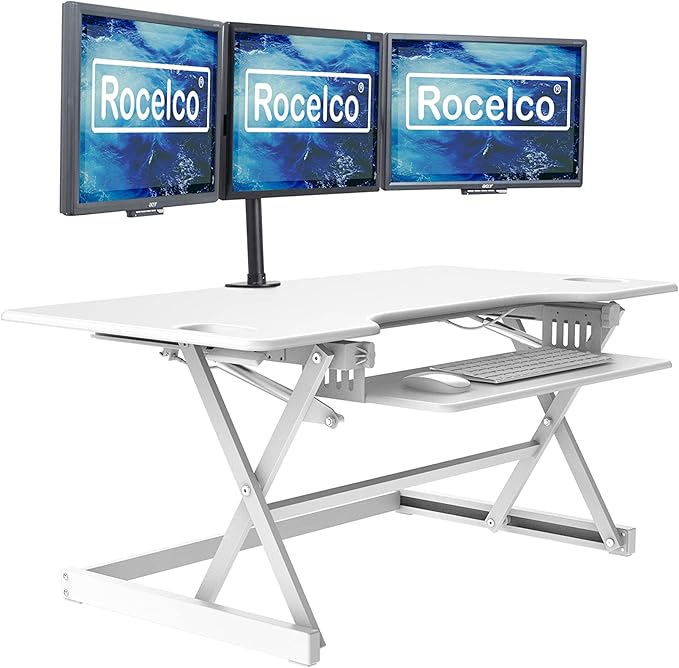 Rocelco 46" Large Height Adjustable Standing Desk Converter with Triple Monitor Mount BUNDLE - Quick Sit Stand Up Computer Workstation Riser - Retractable Keyboard Tray - White (R DADRW-46-DM3)-DeskLoop Office