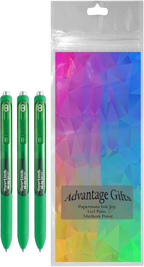 Paper Mate InkJoy Gel Pens, Green Ink, Medium Point (0.7mm), 3 Count, Bundle with Plastic Reusable Pouch-DeskLoop Office