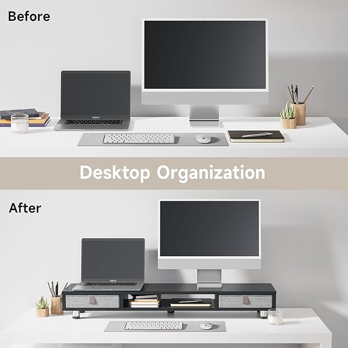 Fenge Dual Monitor Stand with 2 Drawers, 42.5 Inches Large Computer Riser for Desk, Adjustable Height Desk Shelf with Storage for Laptop, PC, TV, Printer-DeskLoop Office