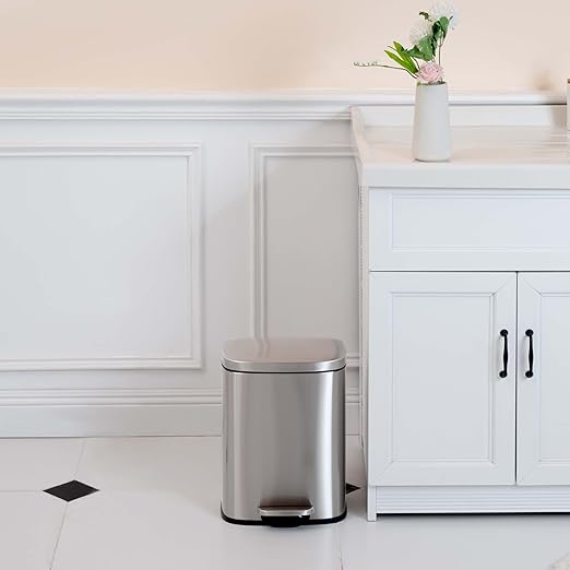Amazon Basics Smudge Resistant Small Rectangular Trash Can With Soft-Close Foot Pedal, Brushed Stainless Steel, 12 Liter/3.1 Gallon, Satin Nickel Finish, 11.3"L x 9.9"W x 15.1"H-DeskLoop Office
