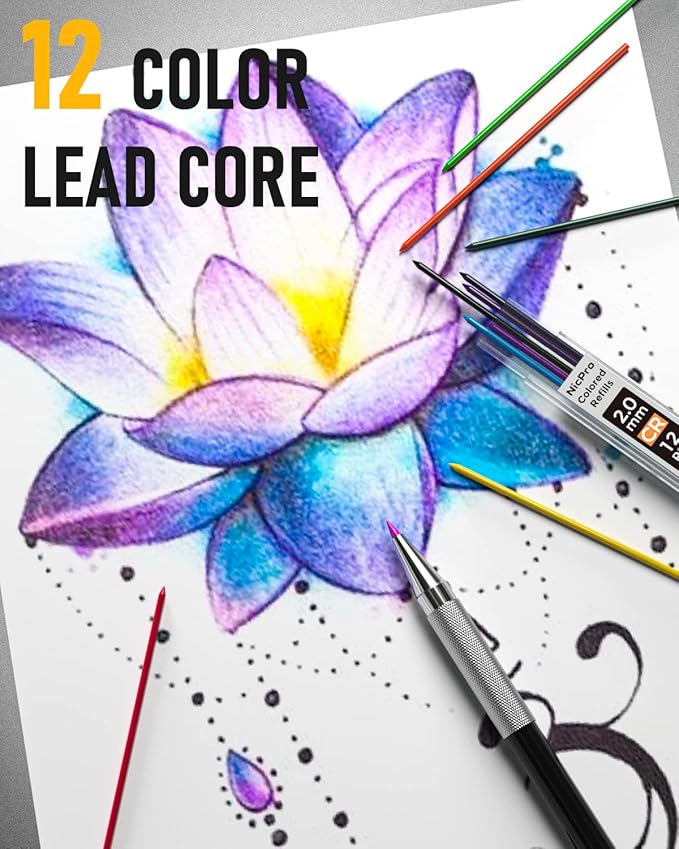 Nicpro Black Art Mechanical Pencil Set in Case, Metal Drafting Pencils 0.3, 0.5, 0.7, 0.9 & 2mm Graphite Holders (2H HB 2B 4B Colored Lead) for Sketching Drawing with 9 Lead Refills, 2 Erasers-DeskLoop Office