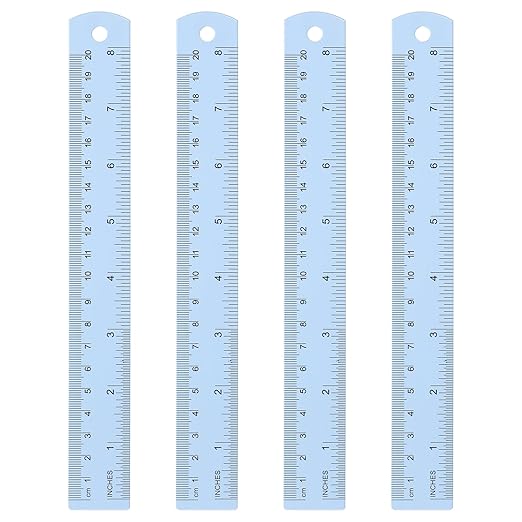 HARFINGTON 4pcs Metal Straight Ruler 20cm Metric SAE Aluminum Alloy Measuring Rulers Scale Tool with Hole for Measure Study Reading Classroom Office, Light Blue-DeskLoop Office