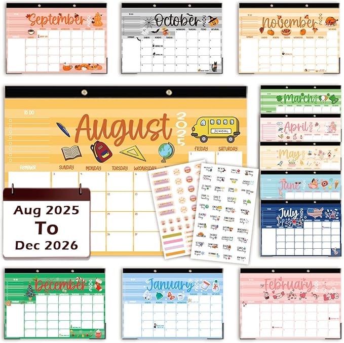 Large Doodle Teacher Desk Calendar 2025-2026 25-26 Teacher planner 17-Month 2025-2026 Desk Desktop Holiday Monthly classroom Calendar 2025 August 2025-December 2026 with Holiday Planner Stickers-DeskLoop Office
