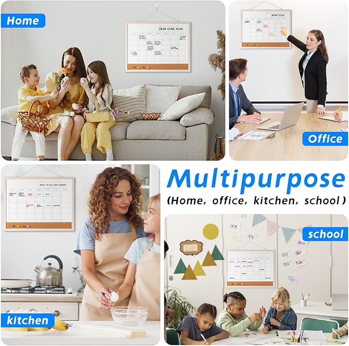 Dry Erase Calendar Whiteboard, 17" x 13" Magnetic Whiteboard Cork Board Combo, Reusable Monthly Planner with 8 Markers, Eraser, Magnets and Pushpins, Hanging Dry Erase Board for Home, School - White-DeskLoop Office