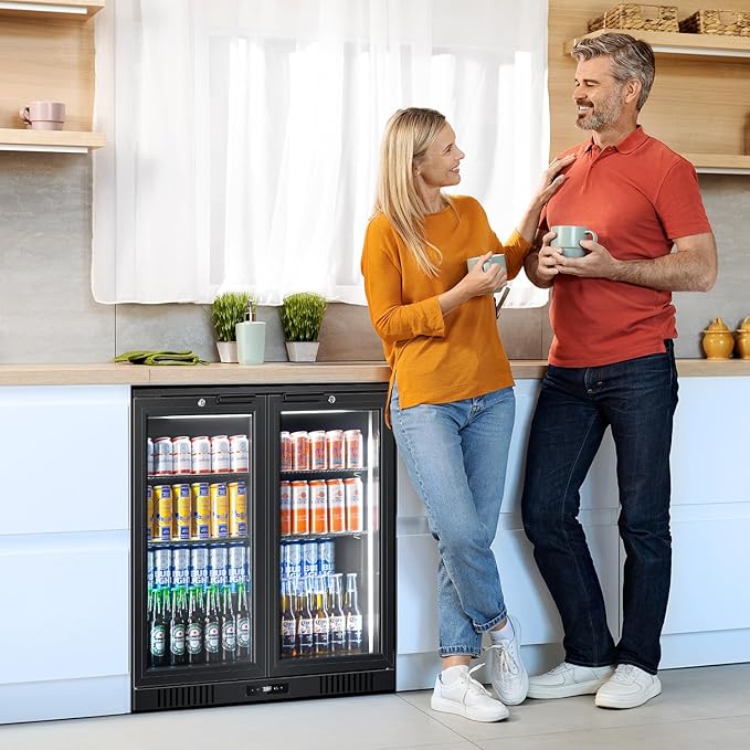 Tylza Back Bar Cooler With 2 Glass Doors, 7.2 Cu.Ft Under Counter Back Bar Refrigerator with LED Lighting, Safety Locks, Counter Height Bar Beverage Cooler for Beer, Soda Drinks, Wine, Black-DeskLoop Office