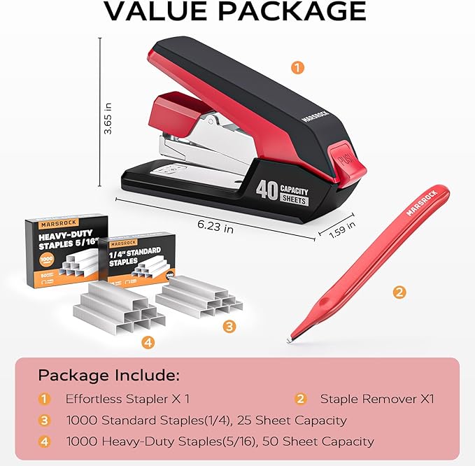 Effortless Stapler for Desk with 40-50 Sheet Capacity, 2000 Staples, 1-Touch Stapling, Ergonomic & Easy to Load Desktop Staplers, Heavy Duty Stapler, and Magnetic Staple Remover, Red-DeskLoop Office