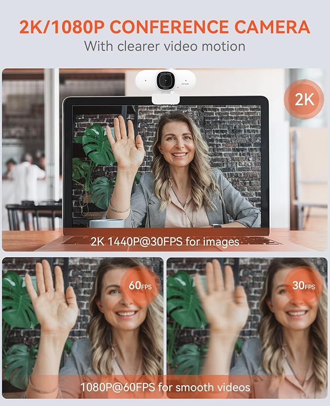 NUROUM V15AF 2K Webcam for PC, 1080p 60FPS AutoFocus Web Camera with Microphone, Privacy Cover and Mute, 75°FOV Dual Microphone USB FHD Computer Camera, Plug and Play for Zoom/Skype/Teams, White-DeskLoop Office