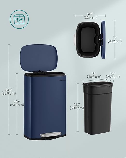 SONGMICS 13 Gallon (50 L) Trash Can, Stainless Steel Kitchen Garbage Can, Recycling or Waste Bin, Soft Close, Step-On Pedal, Removable Inner Bucket, Midnight Blue ULTB050L01-DeskLoop Office