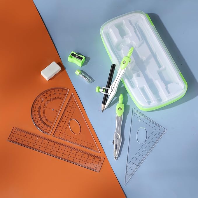 Zonon Math Geometry Set 10 Pcs Student Supplies with Shatterproof Storage Box, Includes Rulers Protractor Compass Pencil Sharpener Lead Refills Eraser Pencil for Drafting and Drawings(Green)-DeskLoop Office