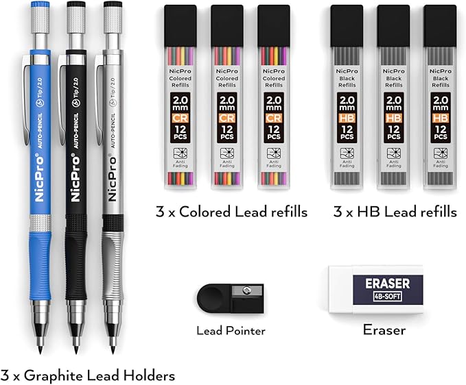 Nicpro 11 Pieces Colors 2mm Mechanical Pencil Set, 3 PCS Carpenter Drafting Pencil 2.0 mm for Art Drawing Writing Sketching Construction with 6 Tube Pre-Sharpen 2B & Color Refill, Eraser, Sharpener-DeskLoop Office