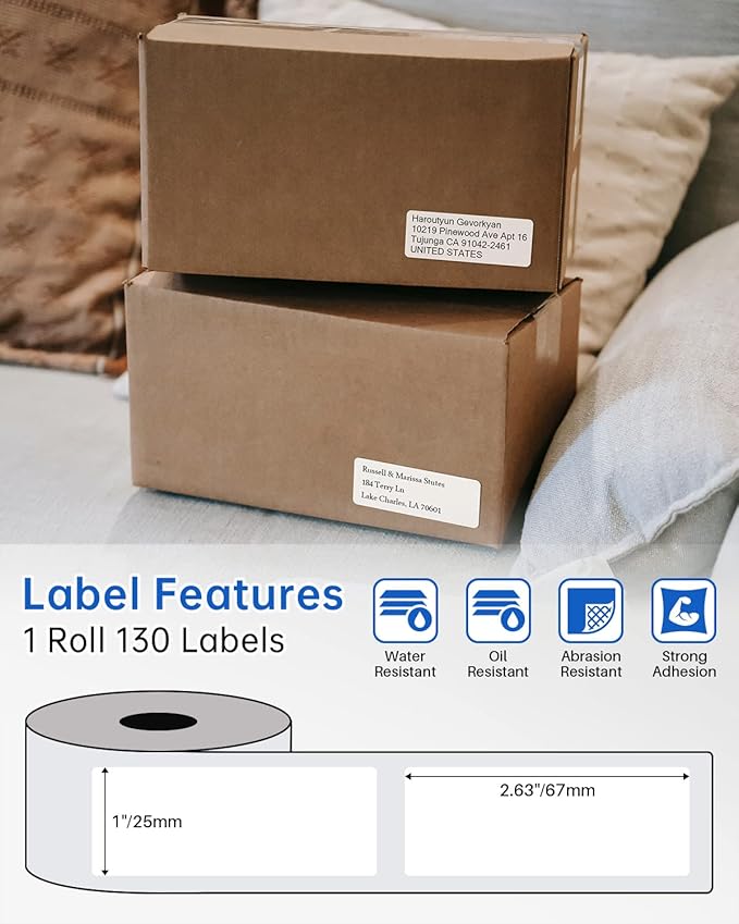 Phomemo Address Labels for M-Series Label Makers, Thermal Mailing Stickers, Easy to Peel Off. White, 1" x 2-5/8", 130 Per Roll, 3 Rolls-DeskLoop Office