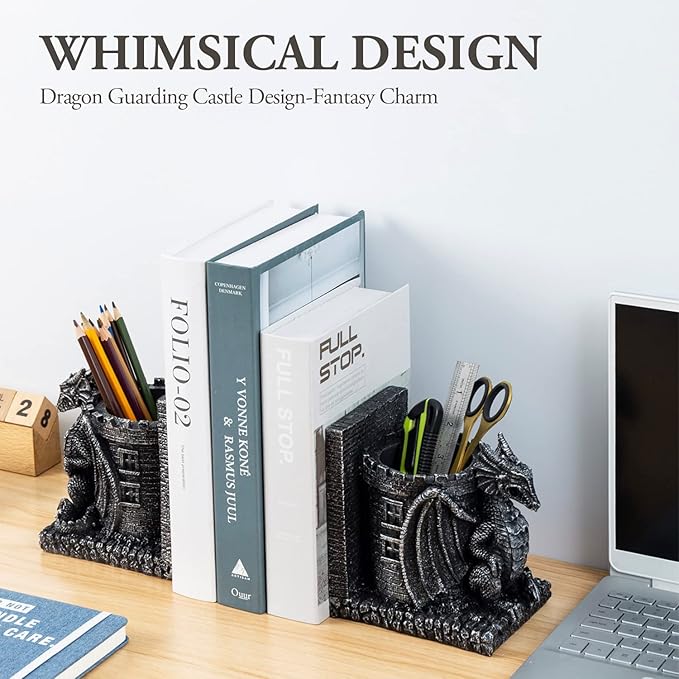 MyGift Gothic Black Resin Dragon Guarding Castle Pencil Cup Bookends, Office Desk Book Ends with Decorative Fantasy Dragons and Stone Tower Pen Holders, 1 Pair-DeskLoop Office