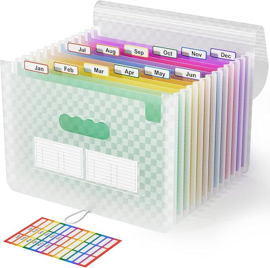 ABC life 12 Pockets Accordion File Organizer Expanding File Folders, Portable Monthly Bill Receipt Document Organizer, Expandable Accordian Filing Folder Letter A4 Size, Colored Tabs (Green)-DeskLoop Office