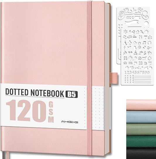 AHGXG Bullet Dotted Journal - Dot Grid Notebook Journal, 120 GSM Thick Acid-Free Paper, Large B5 Dotted Notebook 96 Pages, Leather Softcover, Inner Pocket, Journal Stencil, 7.6'' X 10'' - Rose Gold-DeskLoop Office
