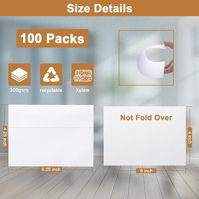 100 Packs Blank White Note Cards and Envelopes 4 x 6 Heavyweight Single Panel Cardstock and A4 Envelopes Printable Self Seal for Greeting Cards, Wedding Invitations, Baby Showers