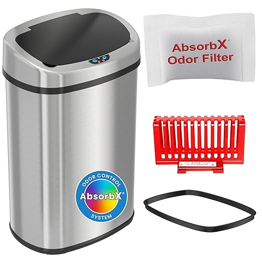 iTouchless 13 Gallon Stainless Steel Kitchen Trash Can with Sensor 2.0 Tech Touchless Lid and AbsorbX Odor Filter, Oval Slim Space-Saving Automatic Garbage Bin for Home, Office, Business, Restroom-DeskLoop Office
