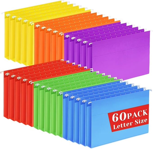 60 Pack Hanging File Folders Letter Size, Colored Hanging Folders with 1/5-Cut Adjustable Tab, Extra Capacity Hanging File Folders, 1 Inch Expansion, Perfect Office, Home, Classroom Supplies-DeskLoop Office