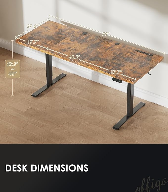 OffiGo Electric Standing Desk with 3-Piece Board, 79 Inch Height Adjustable Large Desk with Power Outlets, Sit Stand Table, Writing Computer Desk for Home, Office, Workstation, Rustic Brown-DeskLoop Office