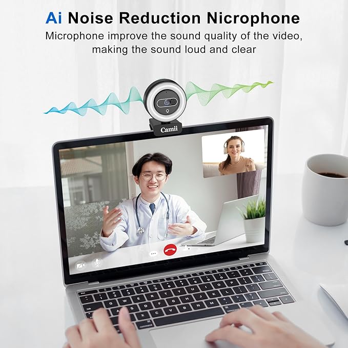 4K Webcam with Light, HD Webcam for PC with Remote Control, Built-in Privacy Cover, Adjustable Brightness, Noise Reduction Mics, for Zoom Skype Teams Laptop and Google Meet-DeskLoop Office