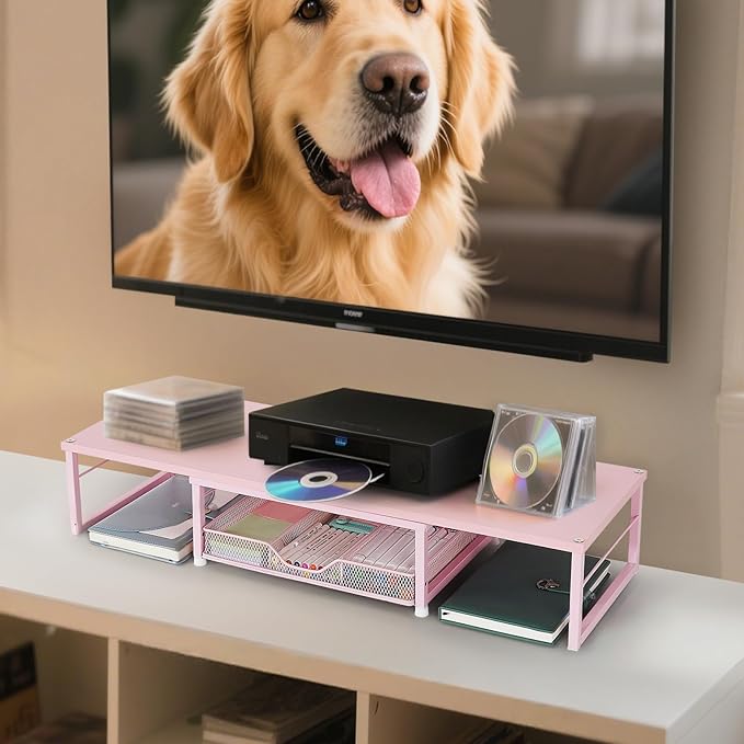 Dual Monitor Stand Riser, Desk Organizer with Drawer, Office Desk Organizers and Accessories, Office Workspace Organization Computer Monitor Stand for Laptop, Printer, TV(Pink)-DeskLoop Office