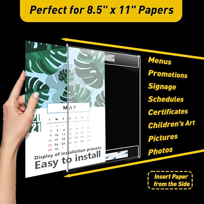 12 Pcs Acrylic Sign Holder 8.5 x 11, Vertical Wall Mount Sign Holders with 3M Adhesive, Clear Plastic Frames Paper Display Sign Holders for Office, Home, Store, Restaurant - No Drilling