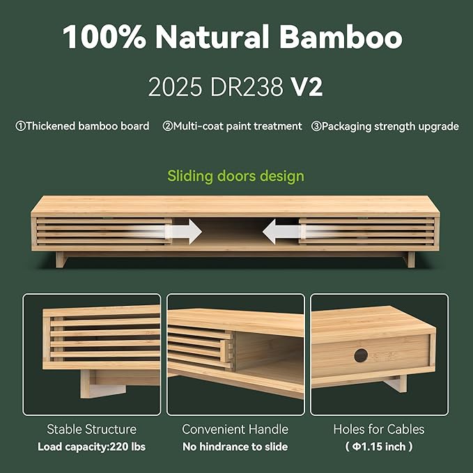 Dual Monitor Stand Riser with Sliding Door, Double Computer Laptop Stand Desk Shelf Organizer with Storage (Natural Bamboo, 38 Inch)-DeskLoop Office