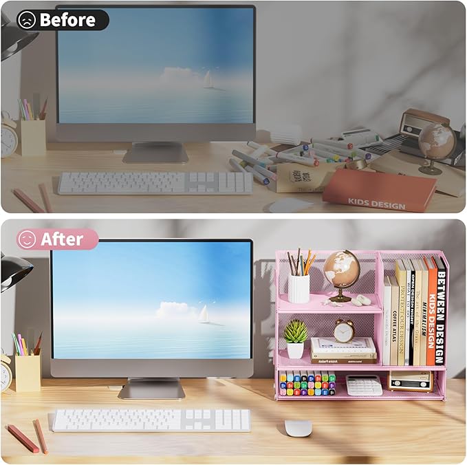 Marbrasse 3-Tier Desk Shelf Organizer with Handle, Desktop Bookshelf File Holder, Mesh Display Shelf Organizer Storage Rack for Office, Home, Supplies, Kitchen (Pink)-DeskLoop Office