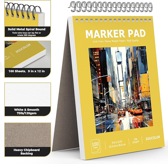 Soucolor 100 Sheets Marker Paper Pad, 9"x12" Bleedproof Art Sketch Pad, 73lb/120gsm Drawing Paper Spiral Sketch Book, Alcohol Marker Paper Painting Coloring Paper for Beginners, Artists, Kids-DeskLoop Office