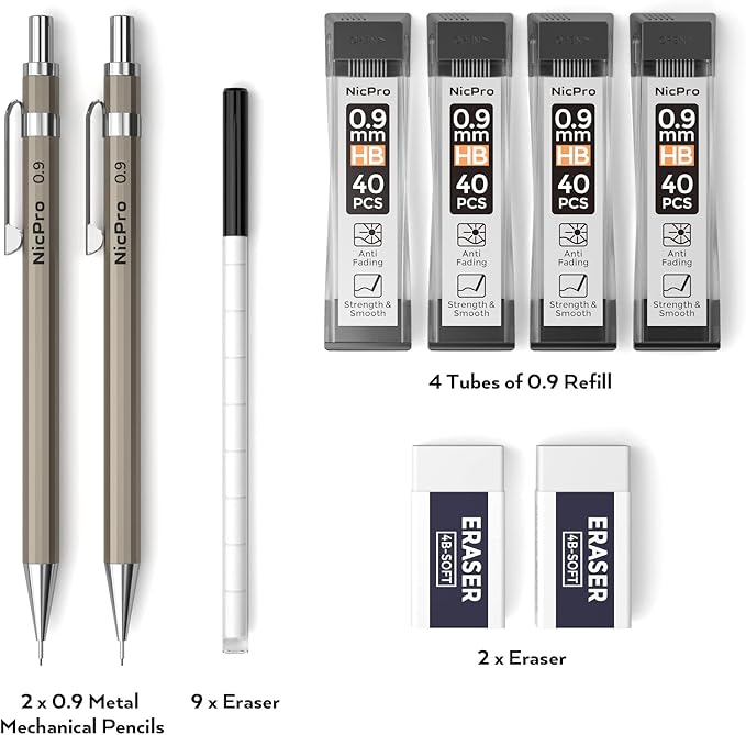 Nicpro 2 PCS 0.9 mm Metal Mechanical Pencils Set, Drafting Pencil for Artist Writing, Sketching, Drawing, with 4 Tubes HB Lead Refill & Erasers, Erasers Refills & Storage Case-DeskLoop Office