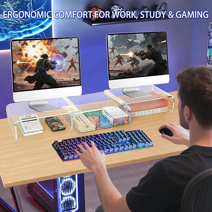 Clear Acrylic Desk Organizers and Accessories, Dual Computer Monitor Stand Riser with Drawer, Desk Shelf for Monitor, Workspace Desktop Organization for Office Supplies-DeskLoop Office