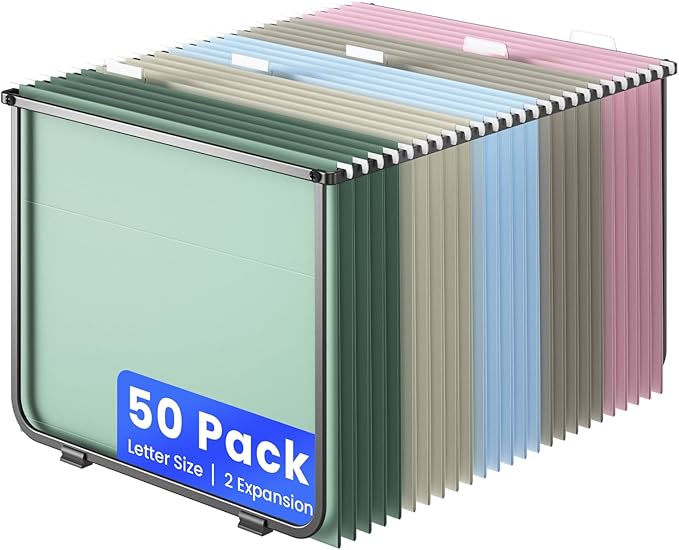 Hanging File Folders Letter Size, 50 Pack File Organizer Folders, 1/5-Cut Tabs With Hanging File Folder Framer, Heavy Duty 2 Inch Expansion, Stay Organized for Your Home and Office Bulk File.-DeskLoop Office