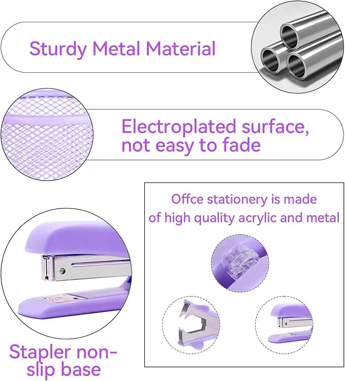 Purple Desk Accessories, Pink Office Supplies Set with Stapler, Tape Dispenser, Staple Remover, Pen Holder, Scissor, Binder/Paper Clips, Ballpoint Pen, Clear Tape and 1000pcs Staples-DeskLoop Office