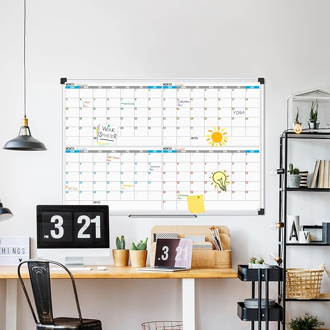 XBoard Magnetic Calendar Whiteboard 48" x 36" - 4 Month Colorful Calendar Dry Erase Board for Monthly Planning, Silver Aluminium Framed-DeskLoop Office
