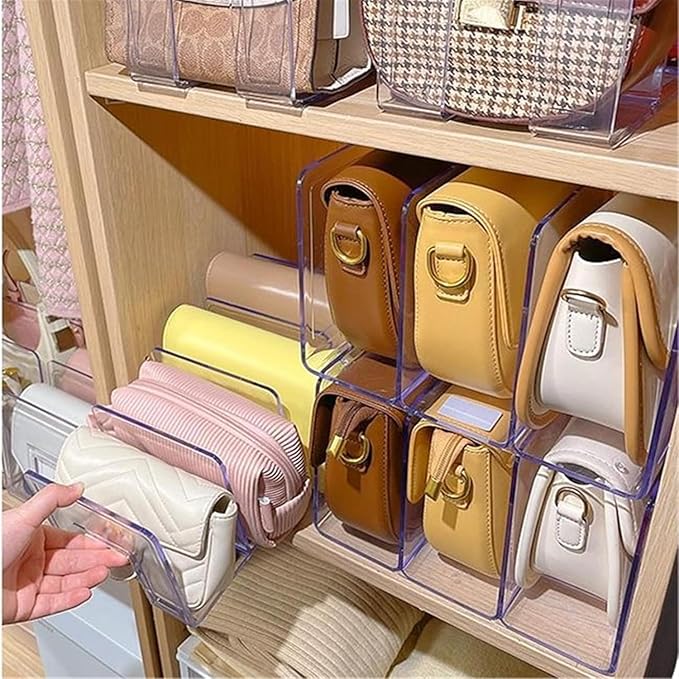 LUGUNU Clear Acrylic Purse Organizer - 3-Section Divider for Handbag Closet Storage - Durable Rack for Purses, Clutches More (Set of 4)-DeskLoop Office