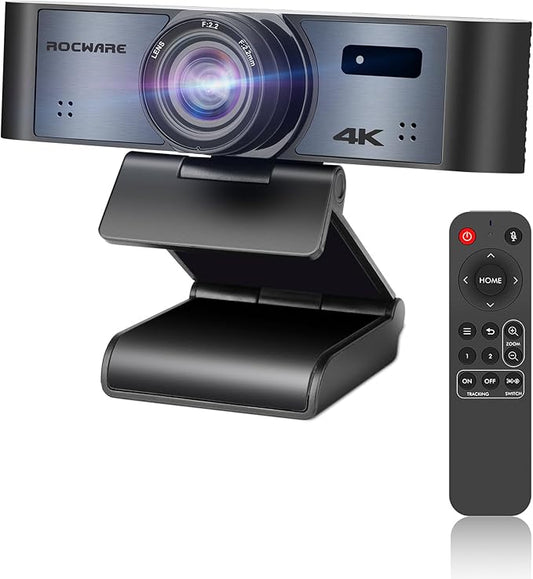 ROCWARE 4K Webcam with Remote, RC16 Computer Camera with Microphone,1080p 60fps FHD,AI Tracking,Privacy Cover, WDR,110°FOV,8X Digital Zoom,Streaming Camera for PC/Meeting/Teaching/Zoom-DeskLoop Office