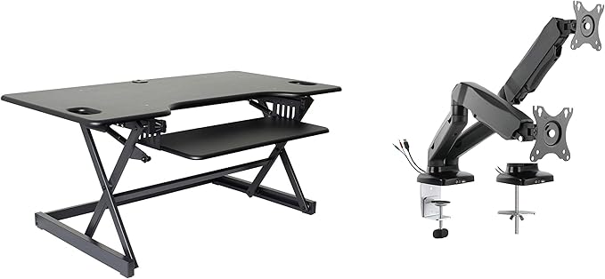 Rocelco 46" Large Height Adjustable Standing Desk Converter with Dual Monitor Mount Arm BUNDLE - Quick Sit Stand Up Computer Workstation Riser - Retractable Keyboard Tray - Black (R DADRB-46-MA2)-DeskLoop Office