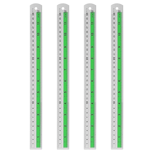 HARFINGTON 4pcs Metal Straight Ruler 30cm Metric SAE Aluminum Alloy Measuring Rulers Scale Tool with Hole for Measure Study Reading Classroom Office, Green-DeskLoop Office
