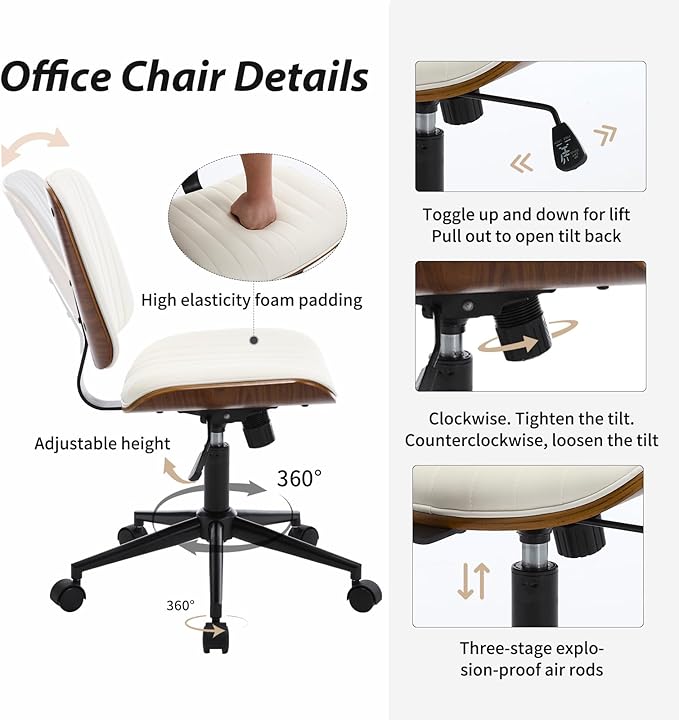 Small Home Office Chair - Armless Mid Back Desk Chair with 360° Swivel and Wheels, PU Upholstered Height Adjustable Modern Walnut Computer Chair for Home, Office Meeting Room - Black-DeskLoop Office