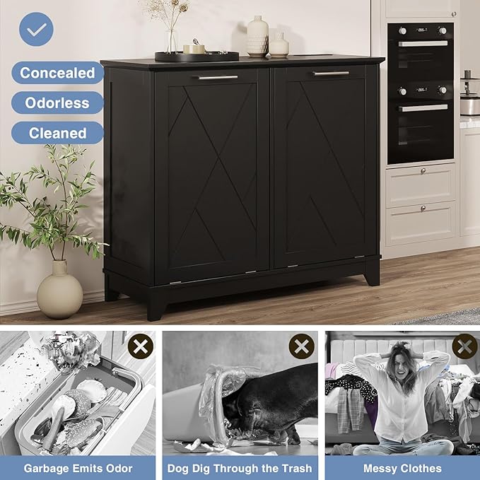 20 Gallon Tilt Out Trash Cabinet, Kitchen Trash Can Cabinet w/Negative ion and deodorizing Function, Dog Proof Garbage Can Cabinet for Kitchen, Bathroom, Living Room, Black-DeskLoop Office