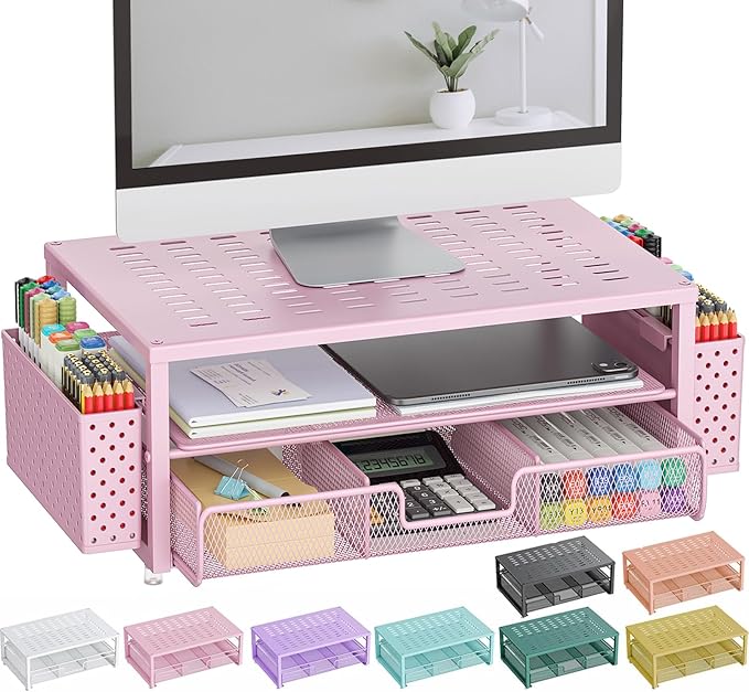 gianotter Desk Organizers and Accessories, Monitor Stand with Drawer and 2 Pen Holder, Desktop Organizer Suitable for Offices and Dormitories (Pink)-DeskLoop Office