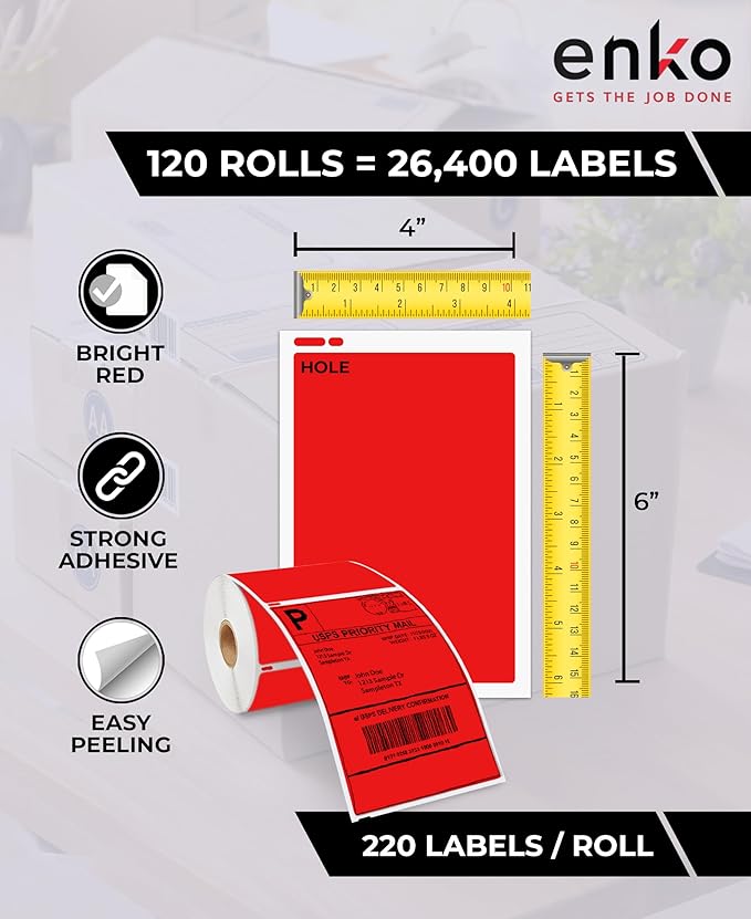 enKo Compatible Red Zebra 4x6 Label/Dymo Labels 1744907 (4 x 6) for Dymo Labelwriter 4XL Shipping Zebra Direct Thermal Printer (6 Rolls, 1320 Labels)-DeskLoop Office